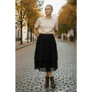 Senlis Laser Dot Tiered Layered Skirt in Black Onyx MIDI